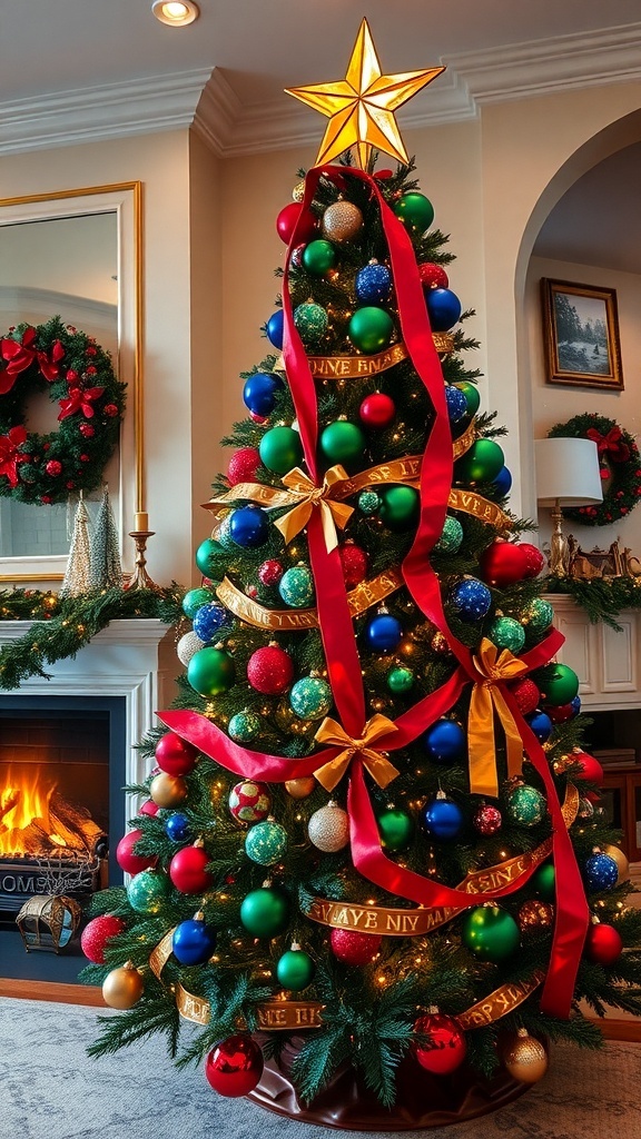 A vibrant Christmas tree decorated in jewel tones with lights and ribbons in a cozy living room.